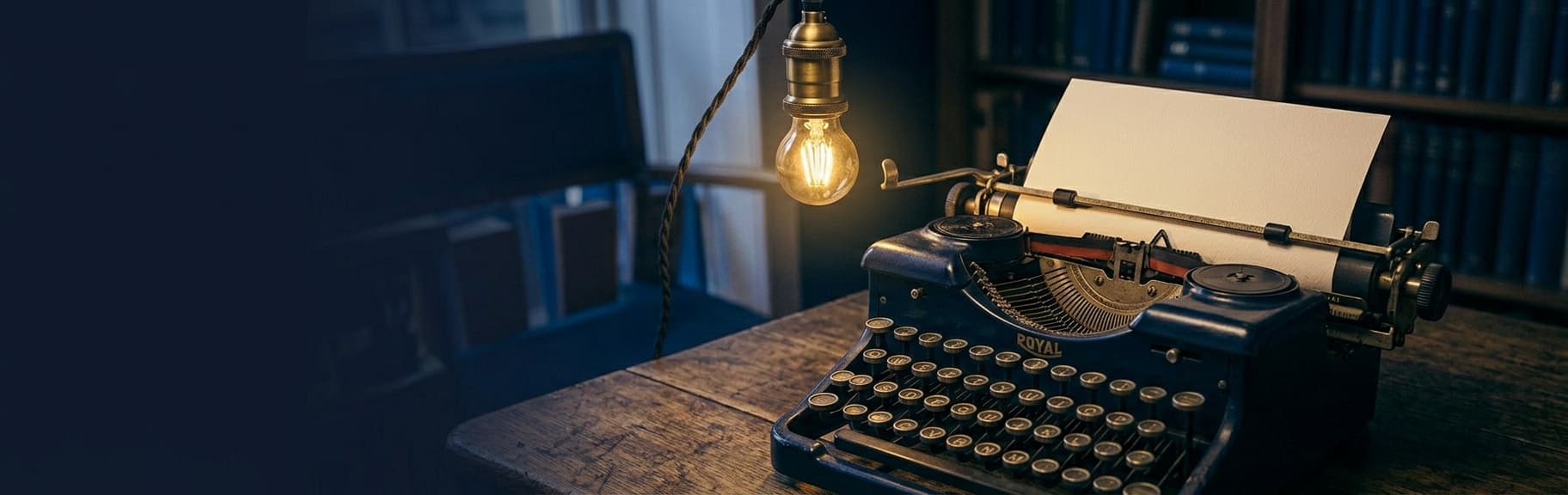 A vintage typewriter with a blank sheet of paper on a wooden desk, lit by a hanging filament bulb