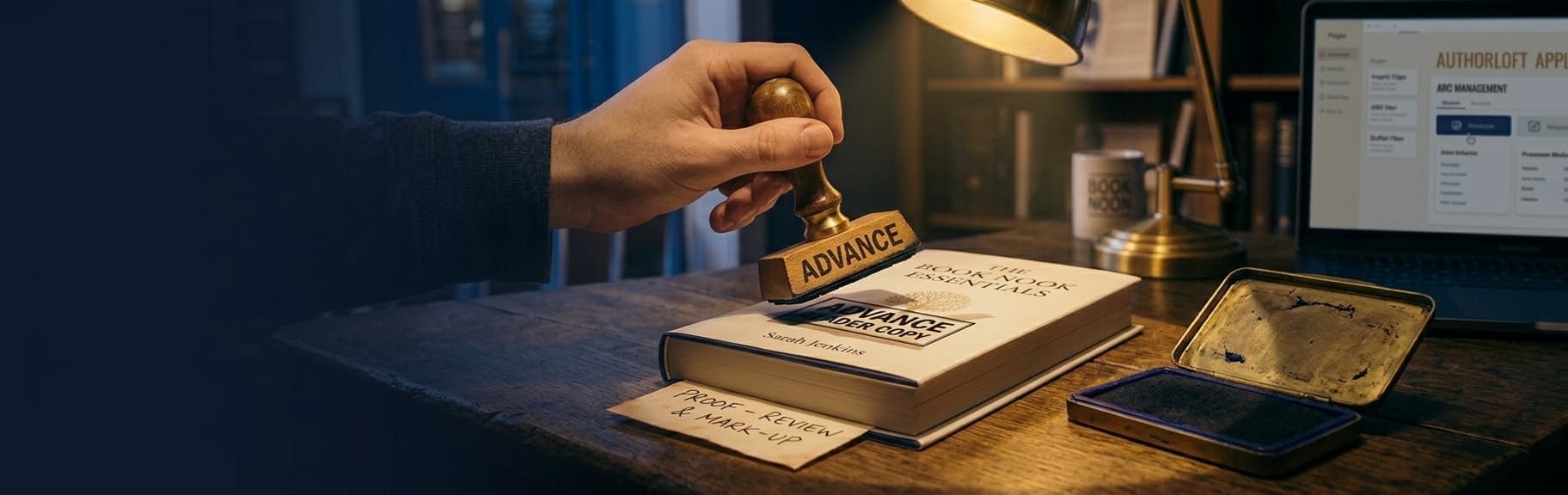 A hand stamping the word Advance on a book at a desk, beside an ink pad and a laptop