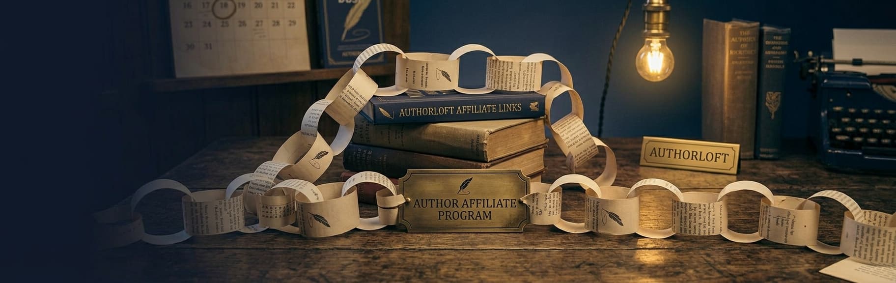 A chain of paper links wound around a stack of books and a brass plate reading Author Affiliate Program