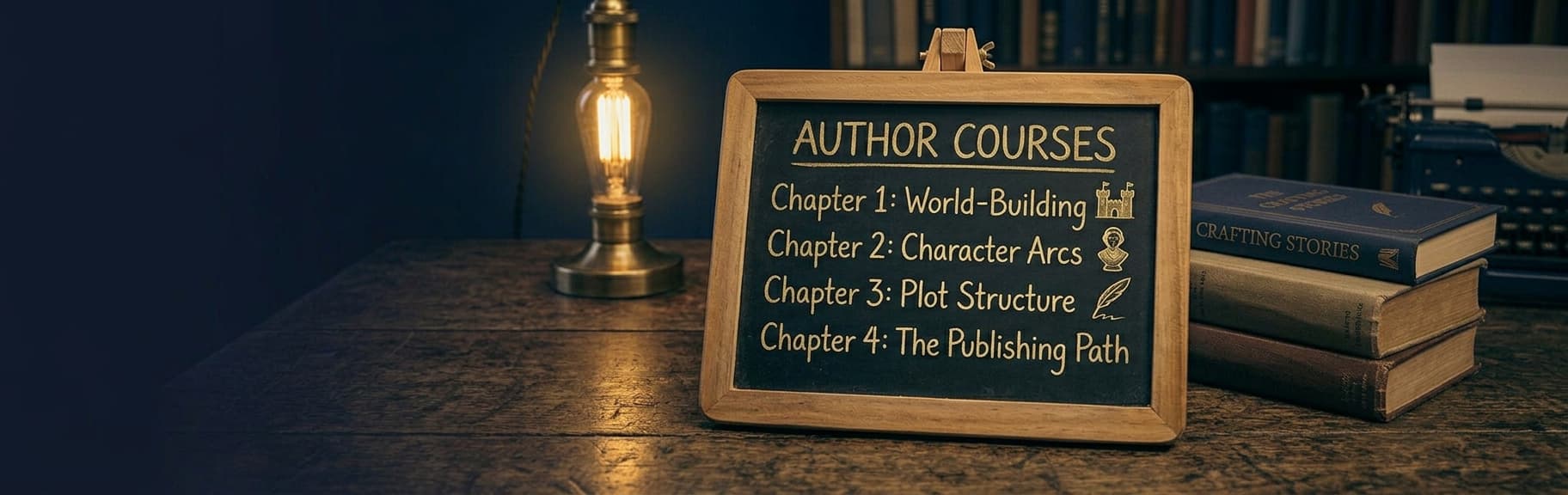 A small chalkboard listing four course chapters, from world-building to the publishing path, beside a stack of books