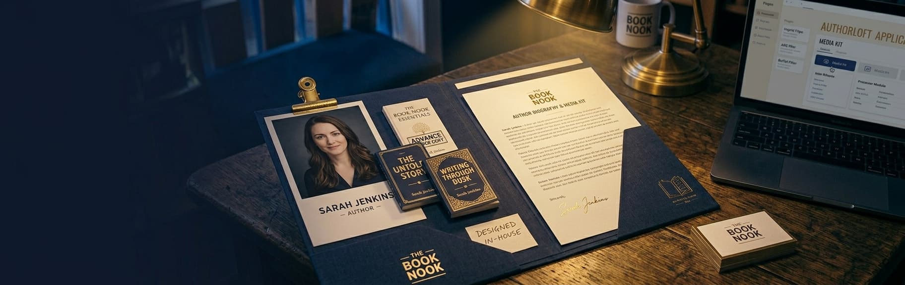 An open author media kit folder with a headshot, book covers and a biography page, beside a laptop and business cards