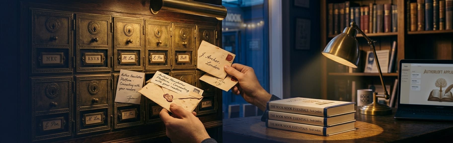 Hands sliding sealed letters into old brass mailboxes, with a stack of books and a laptop on a desk nearby