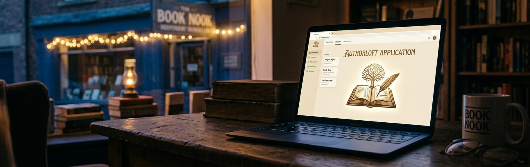A laptop on a wooden desk showing an author website dashboard, in front of a lit bookshop window at dusk