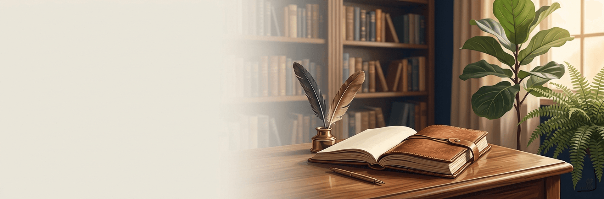 An open journal and a pen with a quill in an inkwell on a wooden desk in front of a bookshelf