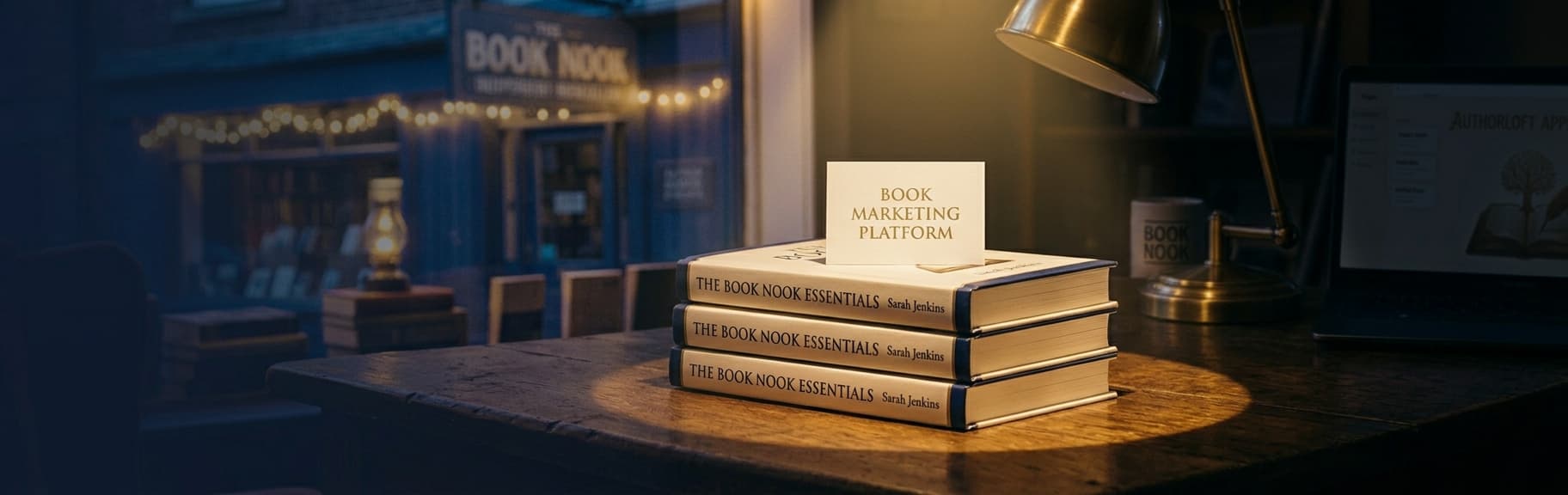Three hardcover books stacked in a pool of lamplight with a card on top reading Book Marketing Platform