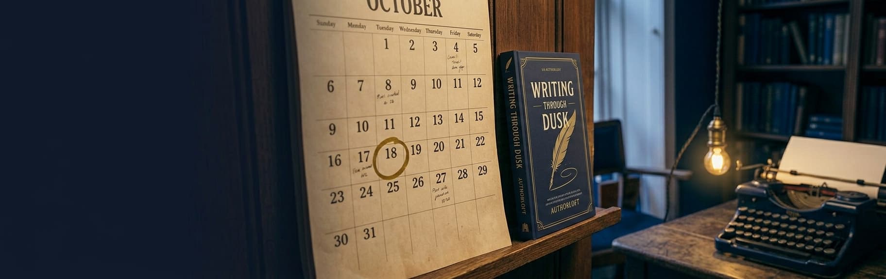 A wall calendar with one date circled in gold beside a hardcover book titled Writing Through Dusk