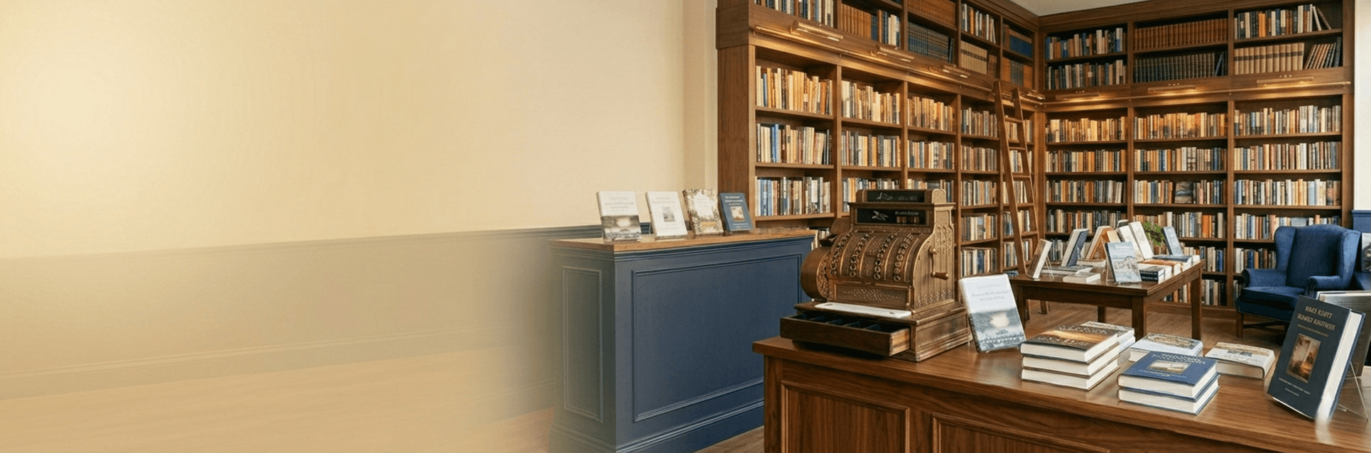 A cozy independent bookshop with tall wooden shelves, a brass cash register and books displayed on a table