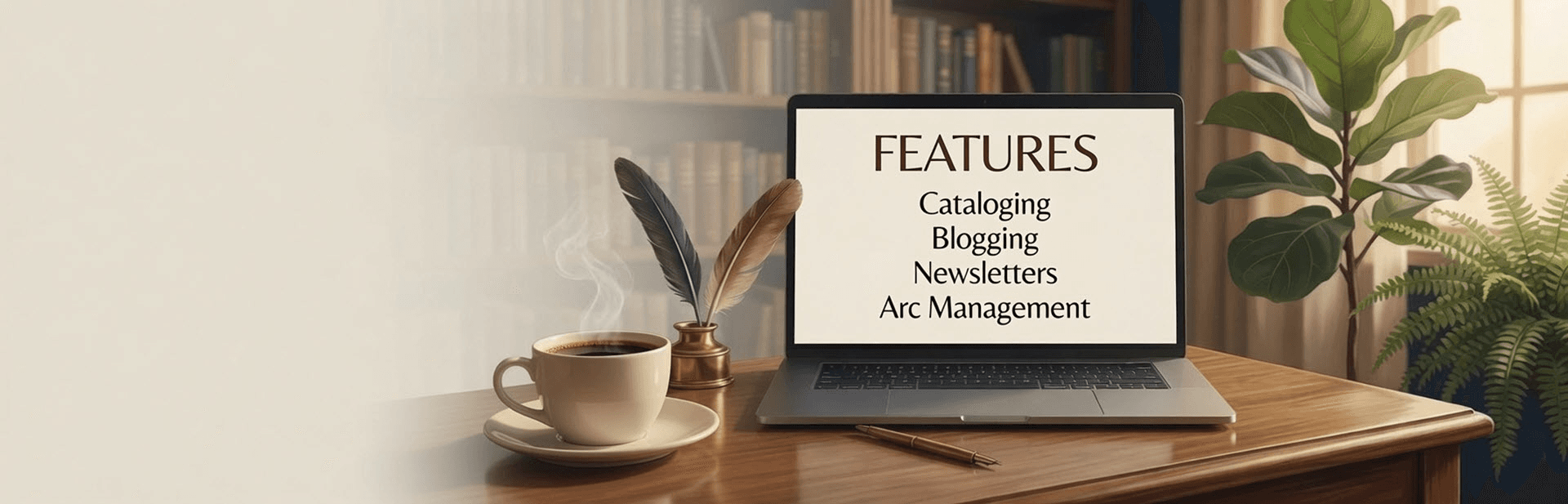 A laptop on a wooden desk listing features such as cataloging, blogging, newsletters and ARC management, beside a coffee cup and a quill