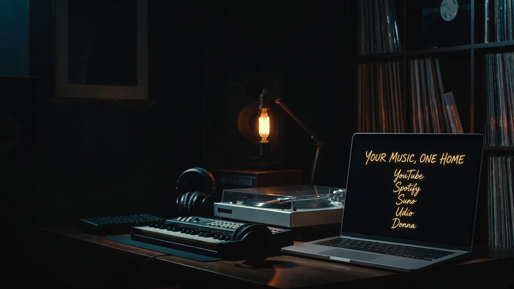 A dim home studio at night with a turntable, keyboard, and headphones beside a laptop whose screen reads Your Music, One Home: YouTube, Spotify, Suno, Udio, Donna