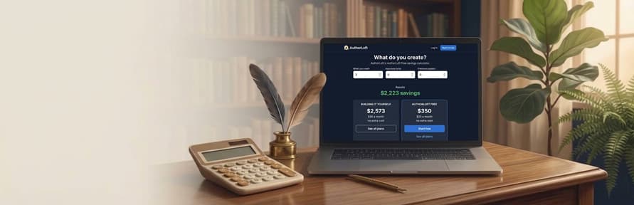 A laptop on a wooden desk showing the AuthorLoft cost savings calculator, beside a calculator and a feather quill in an inkwell, with bookshelves behind