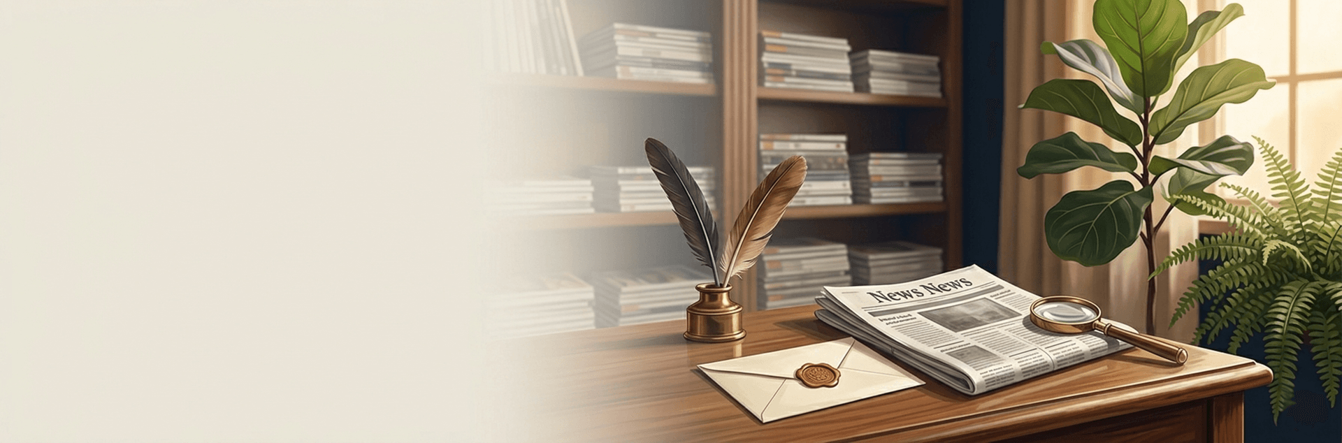 A folded newspaper with a magnifying glass and a sealed envelope on a wooden desk, beside a quill in an inkwell