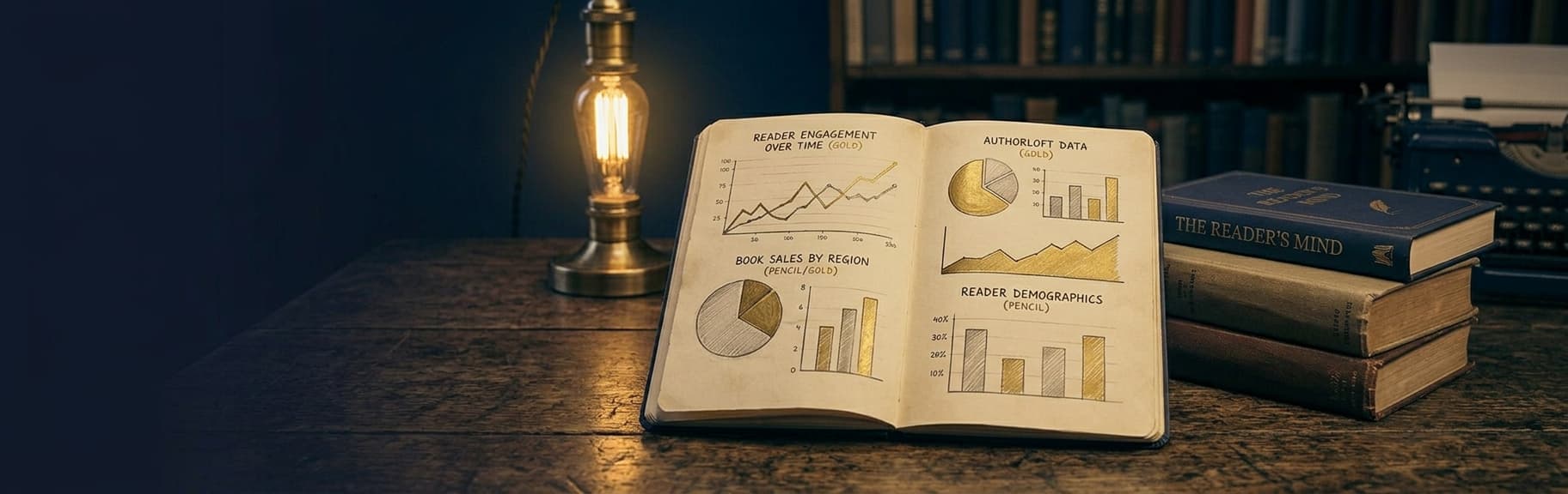An open notebook with hand-drawn charts of reader engagement and book sales, beside a stack of books and a desk lamp