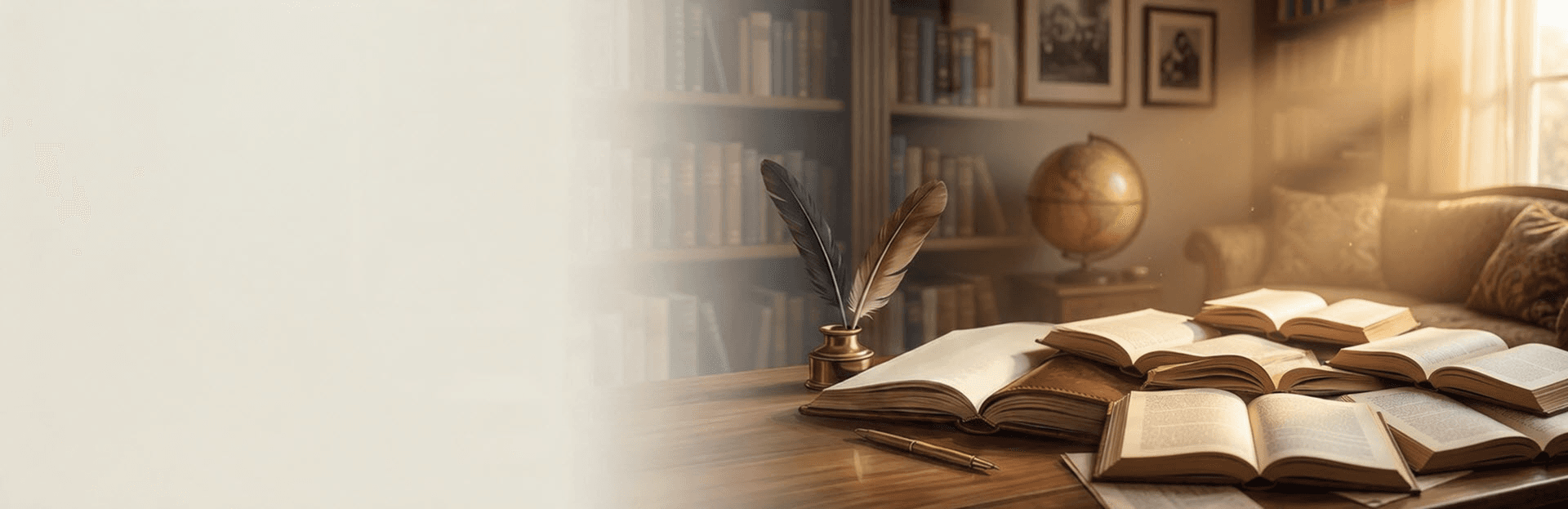 Open books spread across a wooden desk in a sunlit library, beside a quill in an inkwell and a globe