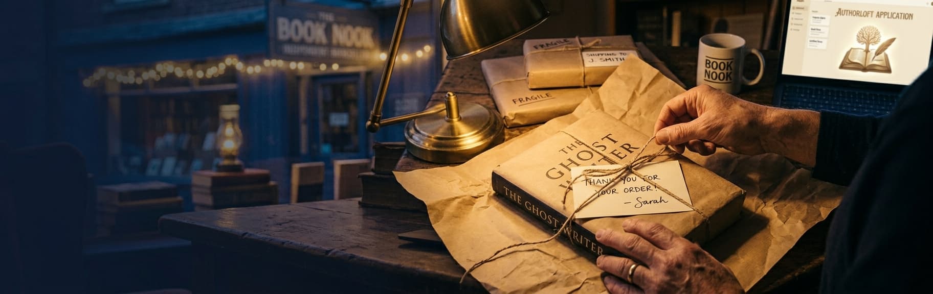 Hands tying twine around a book wrapped in brown paper with a thank-you note, with more parcels ready to ship on a desk